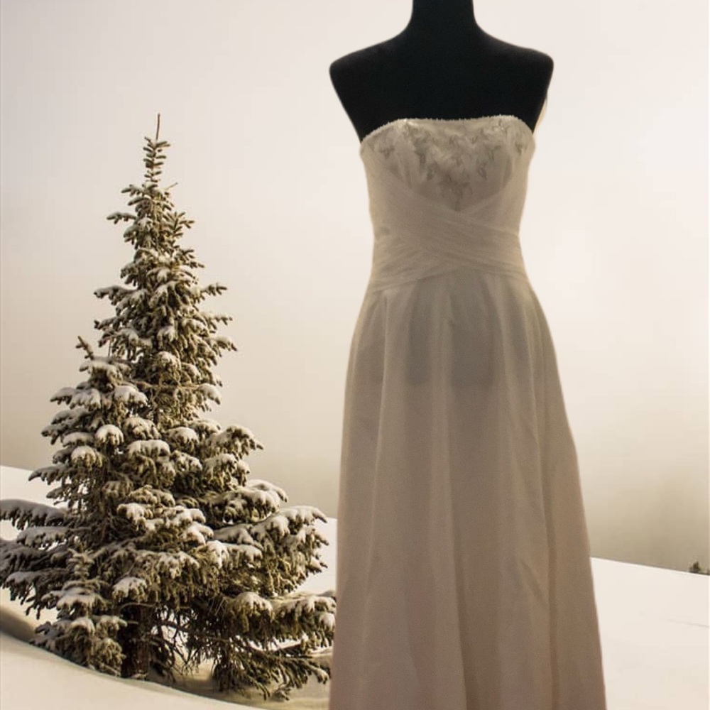 T-length white bridal gown
